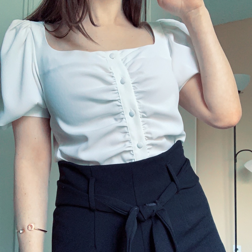 White Topshop Blouse Puff-Sleeves